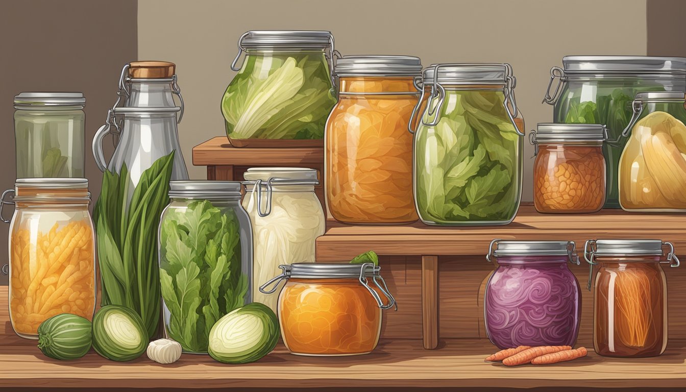 A variety of fermented foods, such as sauerkraut, kimchi, and kombucha, are arranged on a wooden table. Jars, crocks, and bottles showcase the different stages of fermentation, from raw ingredients to the finished product