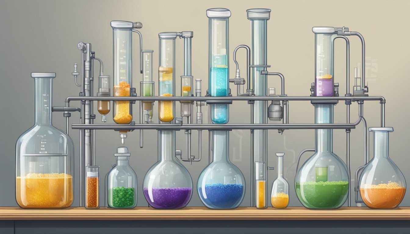 A laboratory setup with glass beakers and tubes, showcasing the process of fermentation with different samples at various stages of development