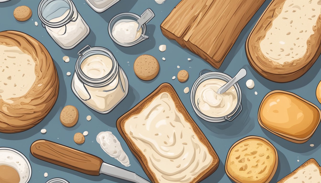 A bubbling jar of sourdough starter sits next to a loaf of bread, with various ingredients and scientific equipment scattered around