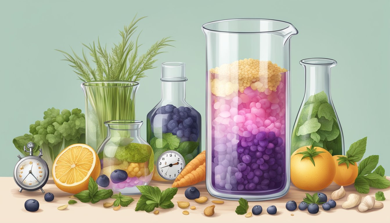 A glass beaker filled with fermenting liquid surrounded by various organic ingredients and a stopwatch nearby