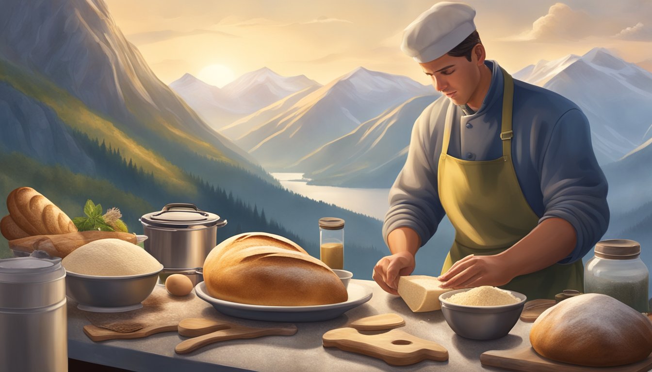 A baker adjusting sourdough bread recipe at sea level and on a mountaintop, surrounded by baking ingredients and equipment, with varying atmospheric conditions