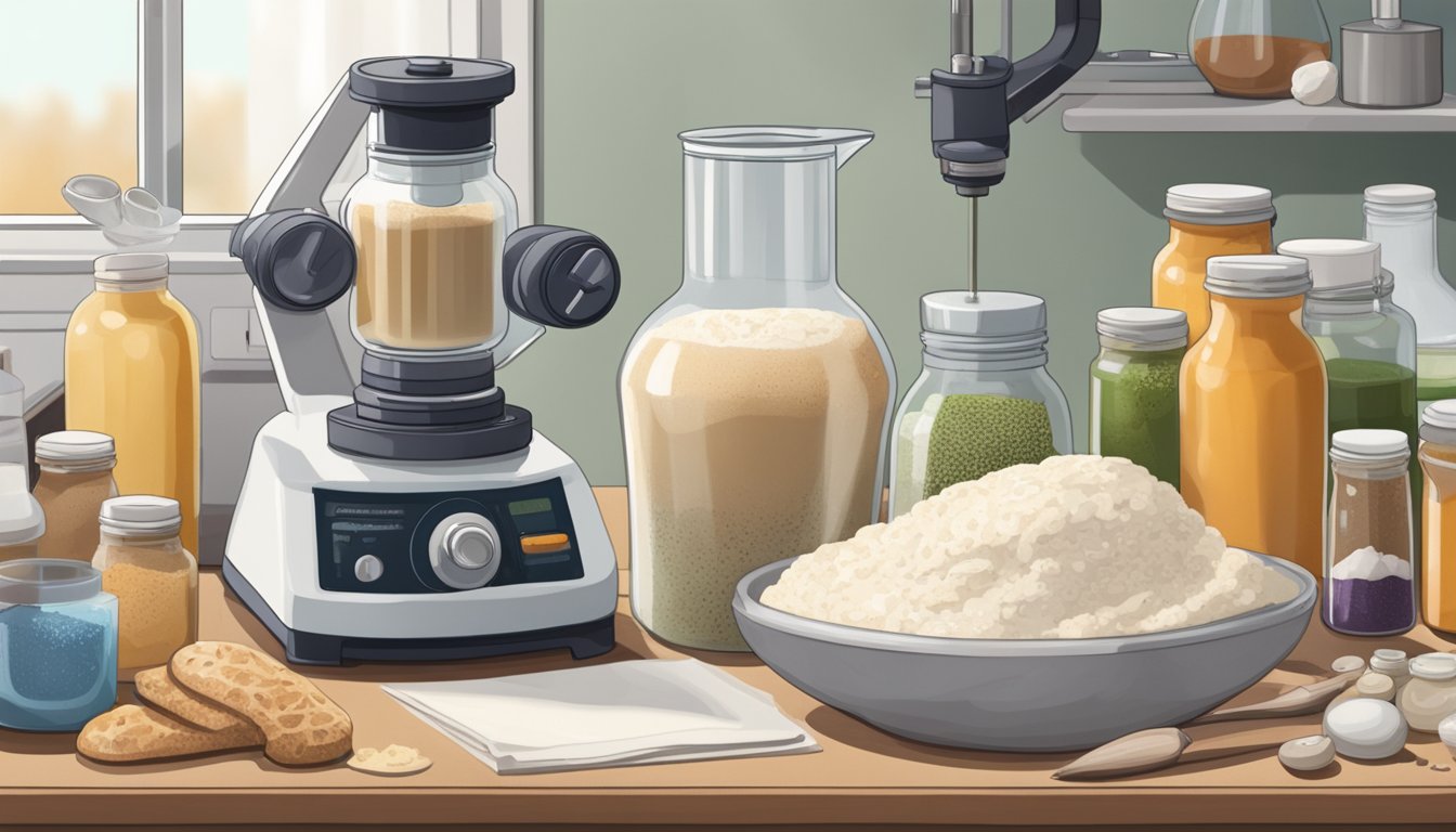 A bubbling jar of sourdough starter sits next to a microscope, surrounded by various ingredients and scientific equipment