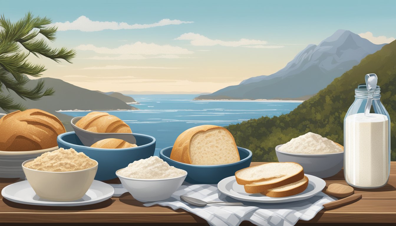 A baker's table with sourdough starter, flour, and water, set against a backdrop of a coastal shoreline and a rugged mountain peak