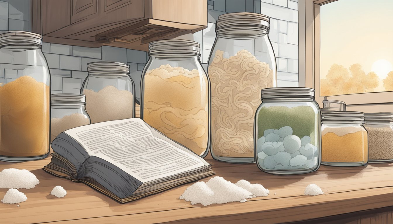 A bubbling sourdough starter sits on a kitchen counter, surrounded by jars of flour and a book on microbiology. Microbes swirl in the air