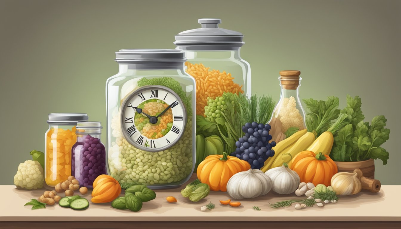 A glass jar filled with fermenting food, surrounded by various ingredients and a clock showing the passage of time