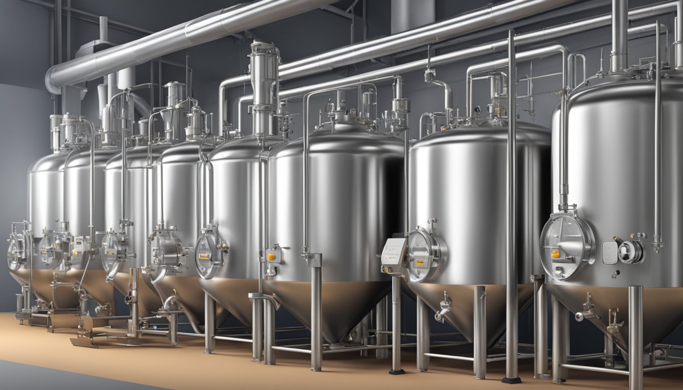 A row of fermenting vessels, each at different stages of fermentation, emitting various aromas and surrounded by tools and equipment for monitoring and controlling the process