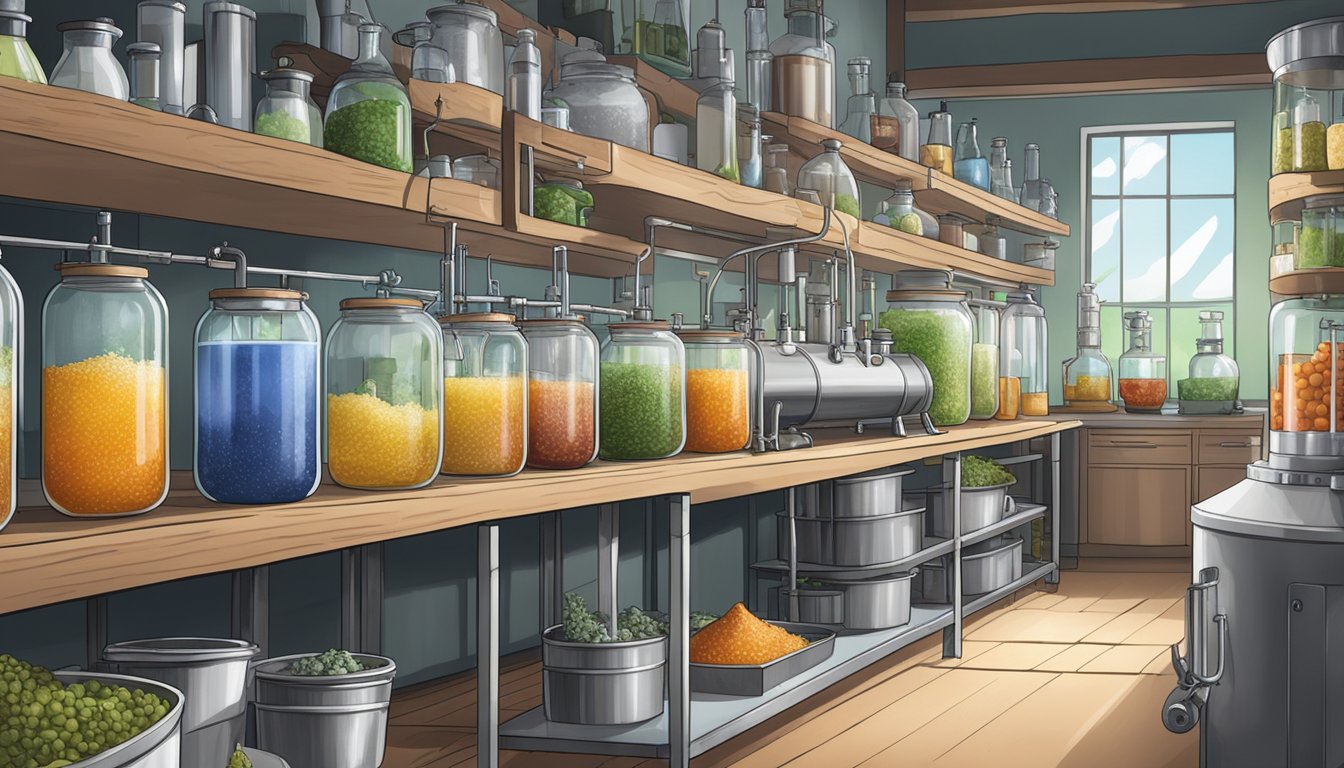 A row of fermenting vessels, each bubbling with activity, surrounded by shelves of ingredients and scientific equipment