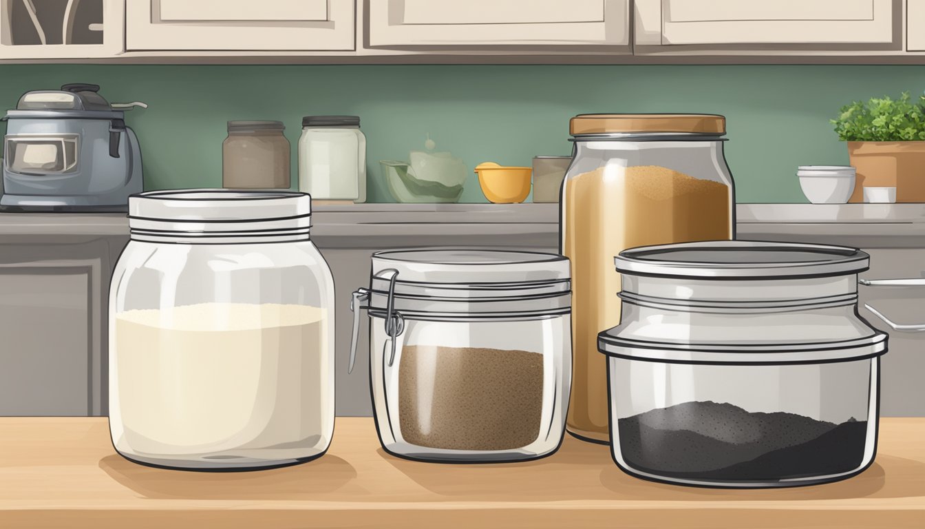 A kitchen counter with a bowl of bubbling sourdough starter, a jar of flour, and a compost bin for food waste