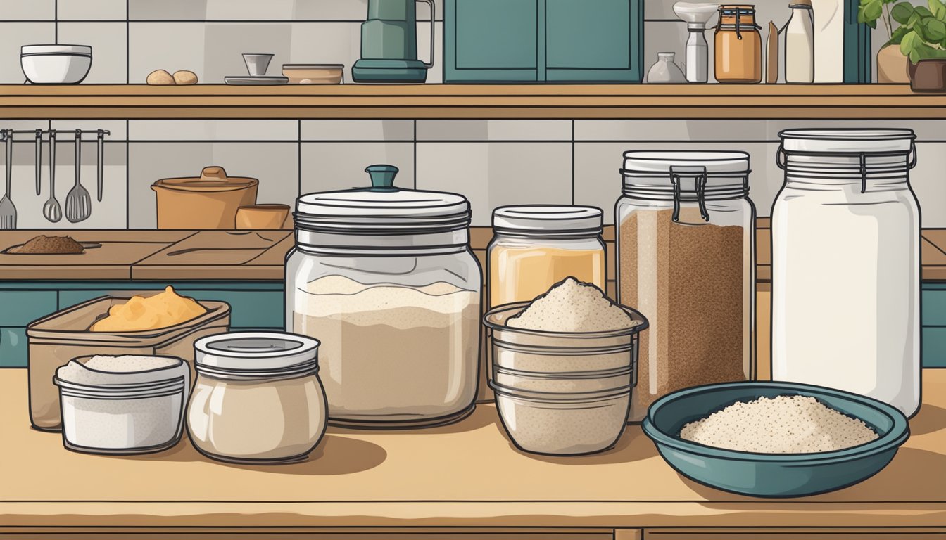 A kitchen counter with a bowl of sourdough starter, a flour sack, and various ingredients surrounded by reusable containers and compost bin