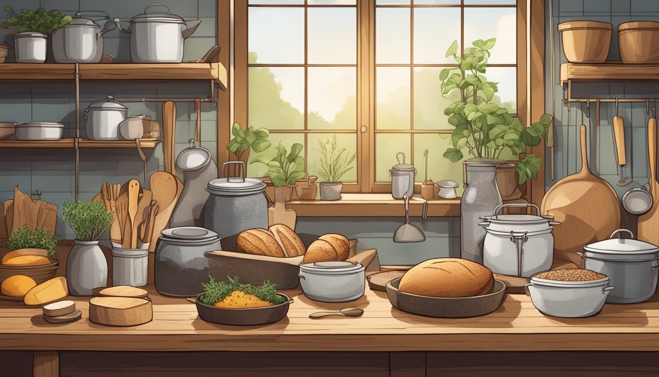 A rustic kitchen with a wooden table covered in various ingredients and utensils, a warm loaf of sourdough bread cooling on a wire rack, and a compost bin nearby to emphasize sustainability