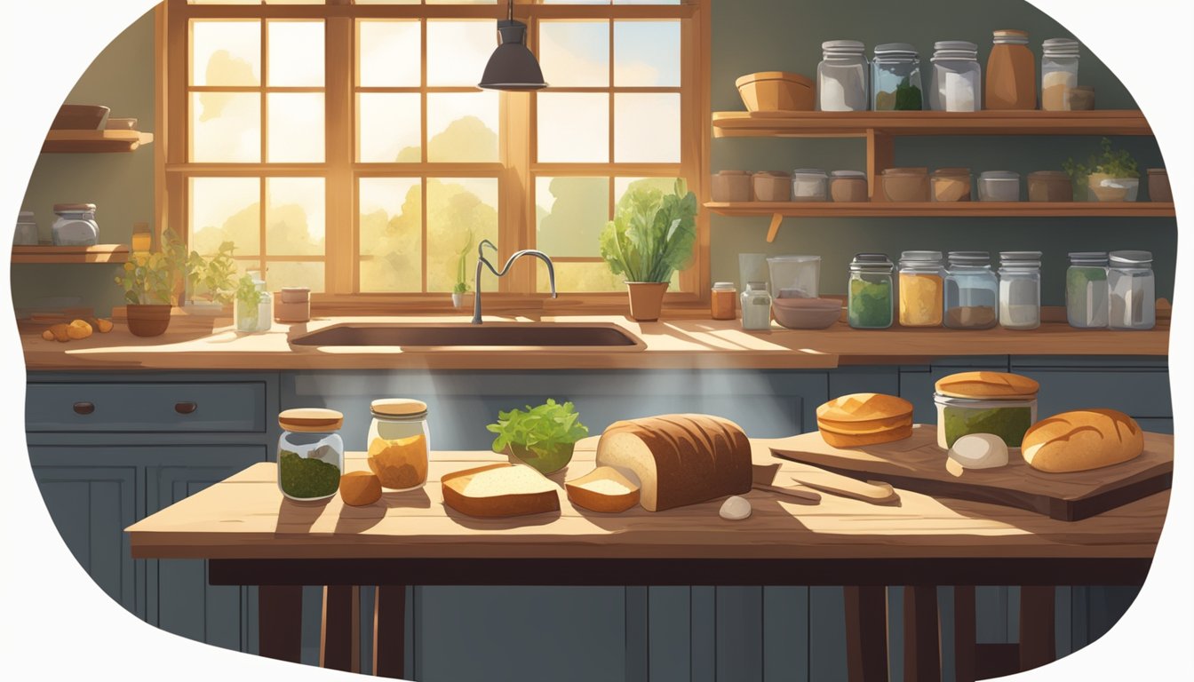 A rustic kitchen with a wooden table covered in sourdough bread, jars of discarded food scraps, and a compost bin. Sunlight streams through a window, highlighting the sustainable baking process