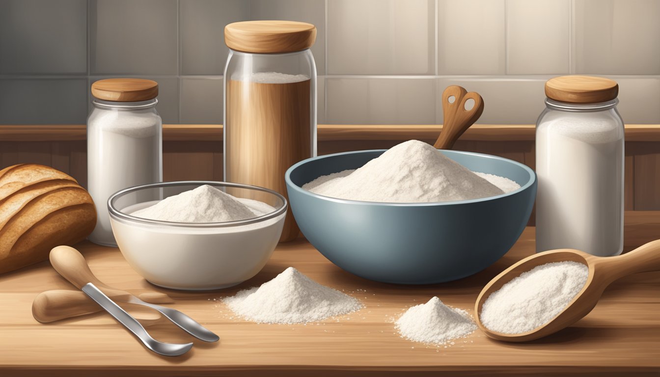 A rustic kitchen counter adorned with flour, a wooden rolling pin, a bowl of sourdough starter, and a stack of measuring cups and spoons