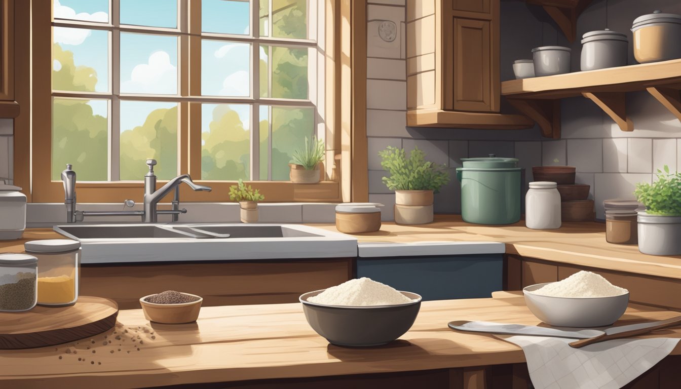 A rustic kitchen with a wooden table covered in flour, a bowl of sourdough starter, and various ingredients. A window lets in natural light, and a compost bin sits nearby