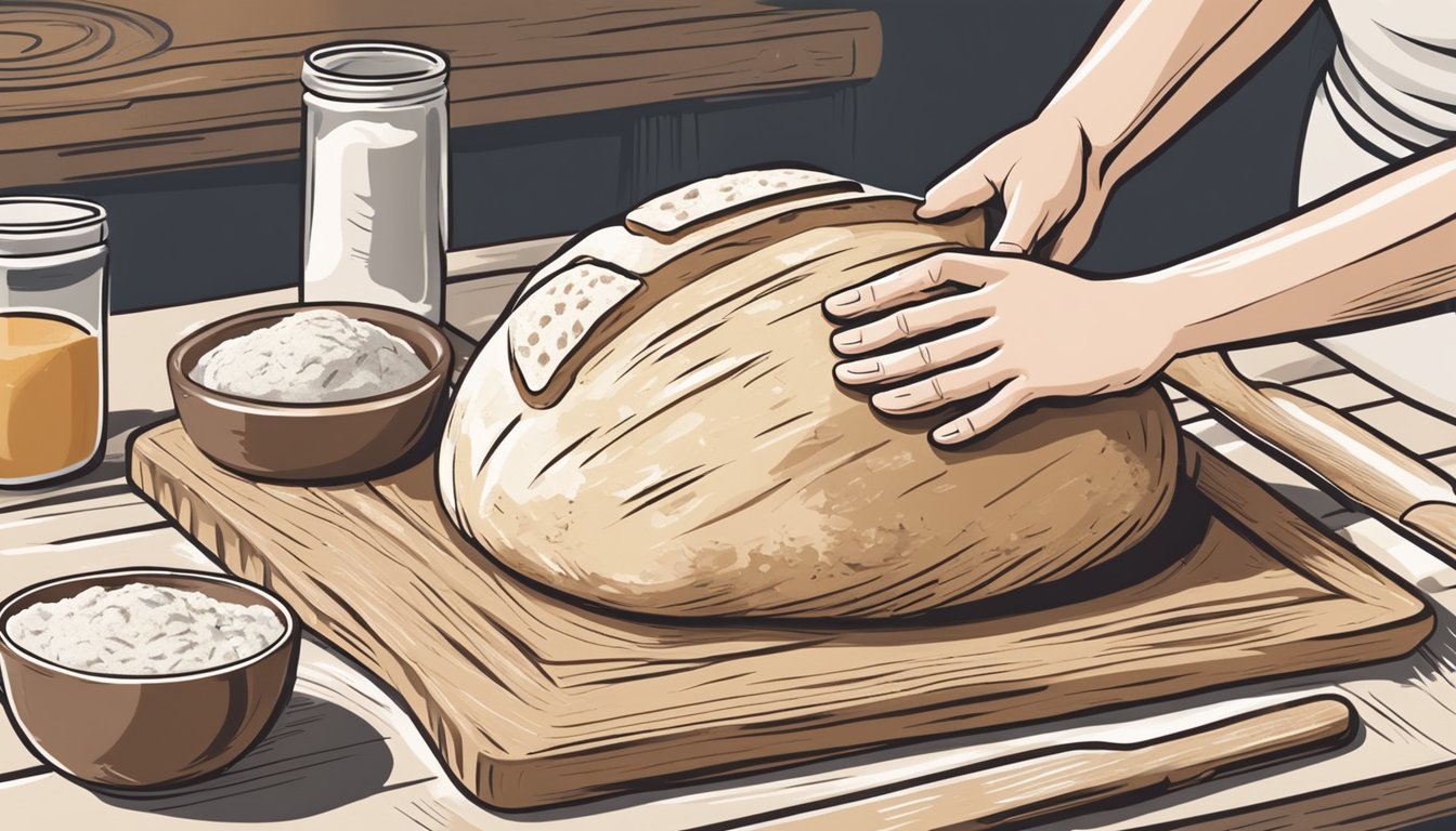 A pair of hands expertly shaping and scoring a rustic loaf of sourdough bread, surrounded by flour, a wooden cutting board, and a bowl of starter