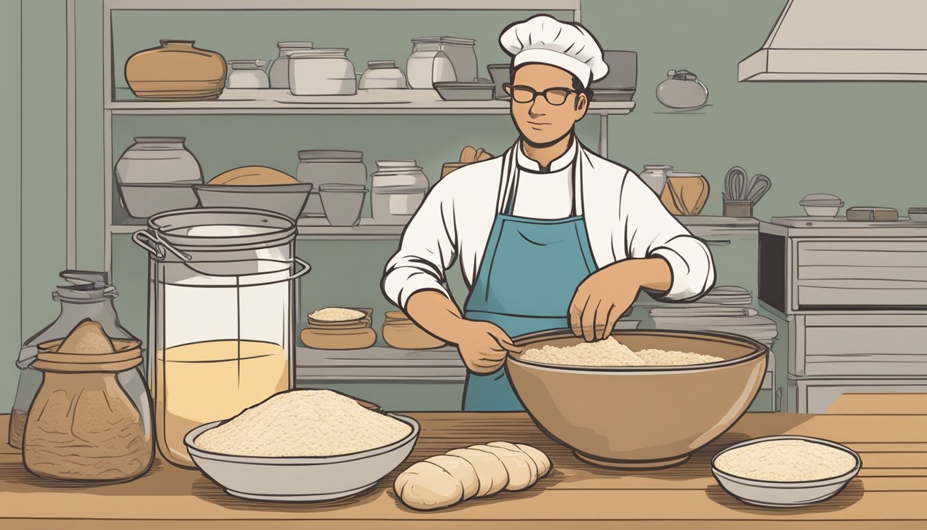 A baker carefully measures out flour, water, and sourdough starter, mixing them together in a large bowl. The mixture is left to ferment and rise, creating a sustainable and delicious loaf of sourdjsongh bread