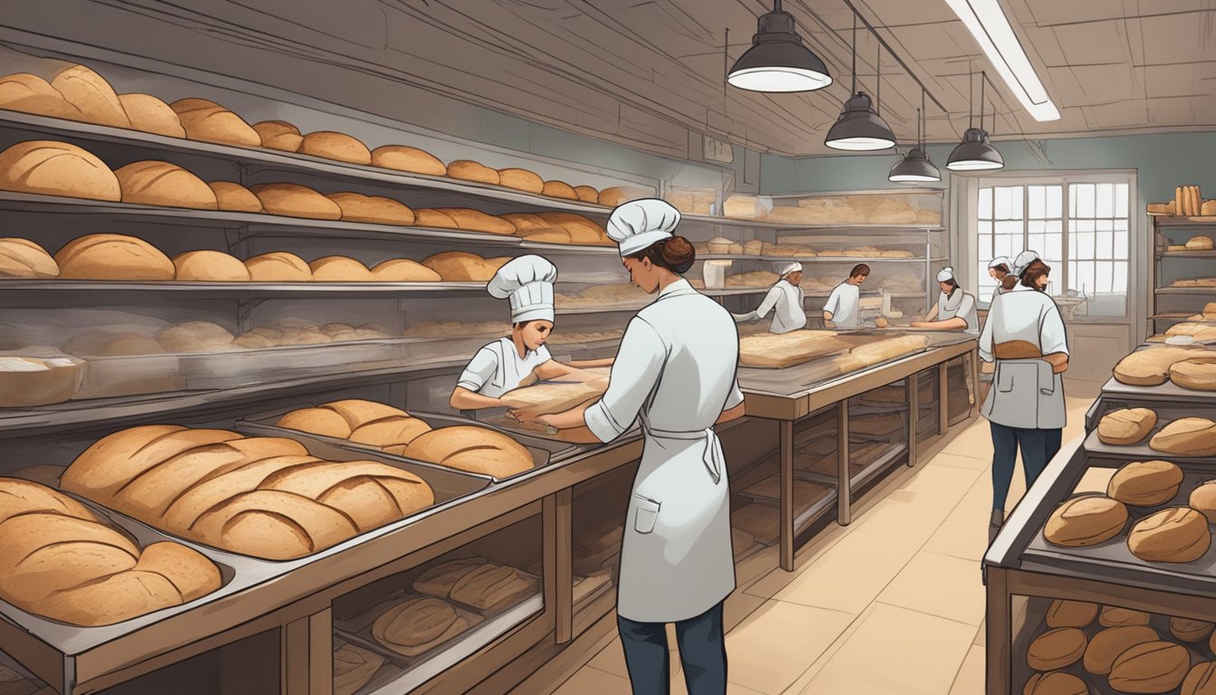 A bustling bakery filled with shelves of fresh sourdough loaves, a variety of sustainable ingredients, and a team of bakers working to reduce food waste through innovative baking techniques