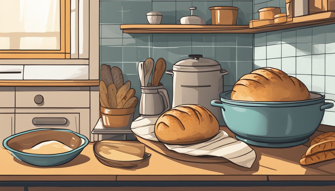 A kitchen counter with various ingredients, a mixing bowl, and a rising loaf of sourdough bread next to a warm oven