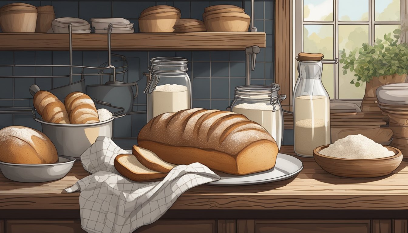 A rustic kitchen with a wooden table covered in flour, sourdough starter, and various baking ingredients. A loaf of freshly baked sourdough sits cooling on a wire rack