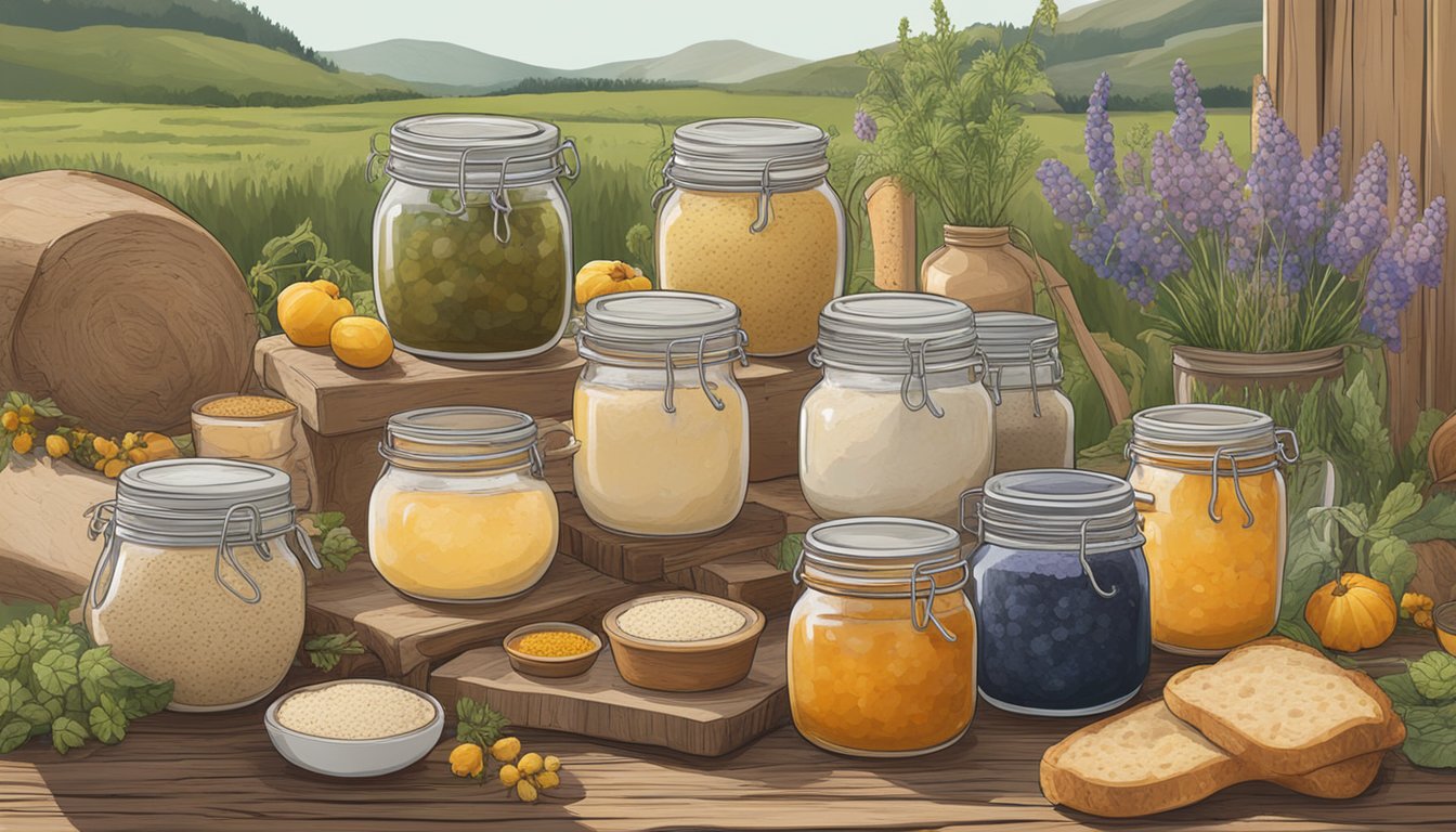 A rustic wooden table with various jars of fermenting sourdough starters, surrounded by local produce and wildflowers