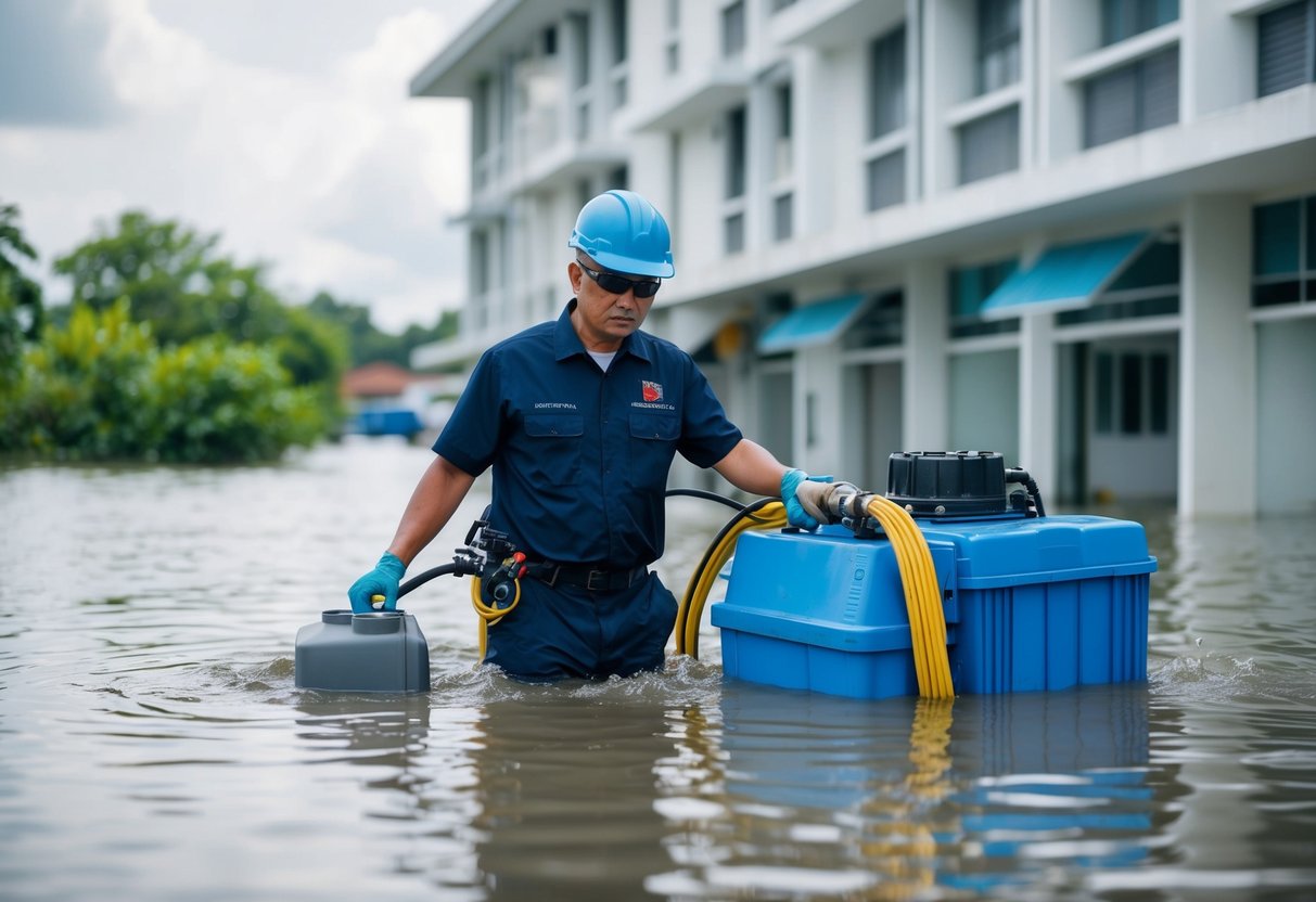 A water mitigation specialist in Malaysia using industrial equipment to extract water from a flooded building