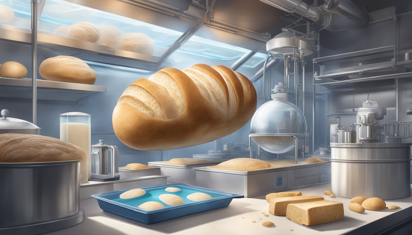 A loaf of sourdough bread floats in a zero gravity environment, surrounded by scientific equipment and containers of fermenting dough