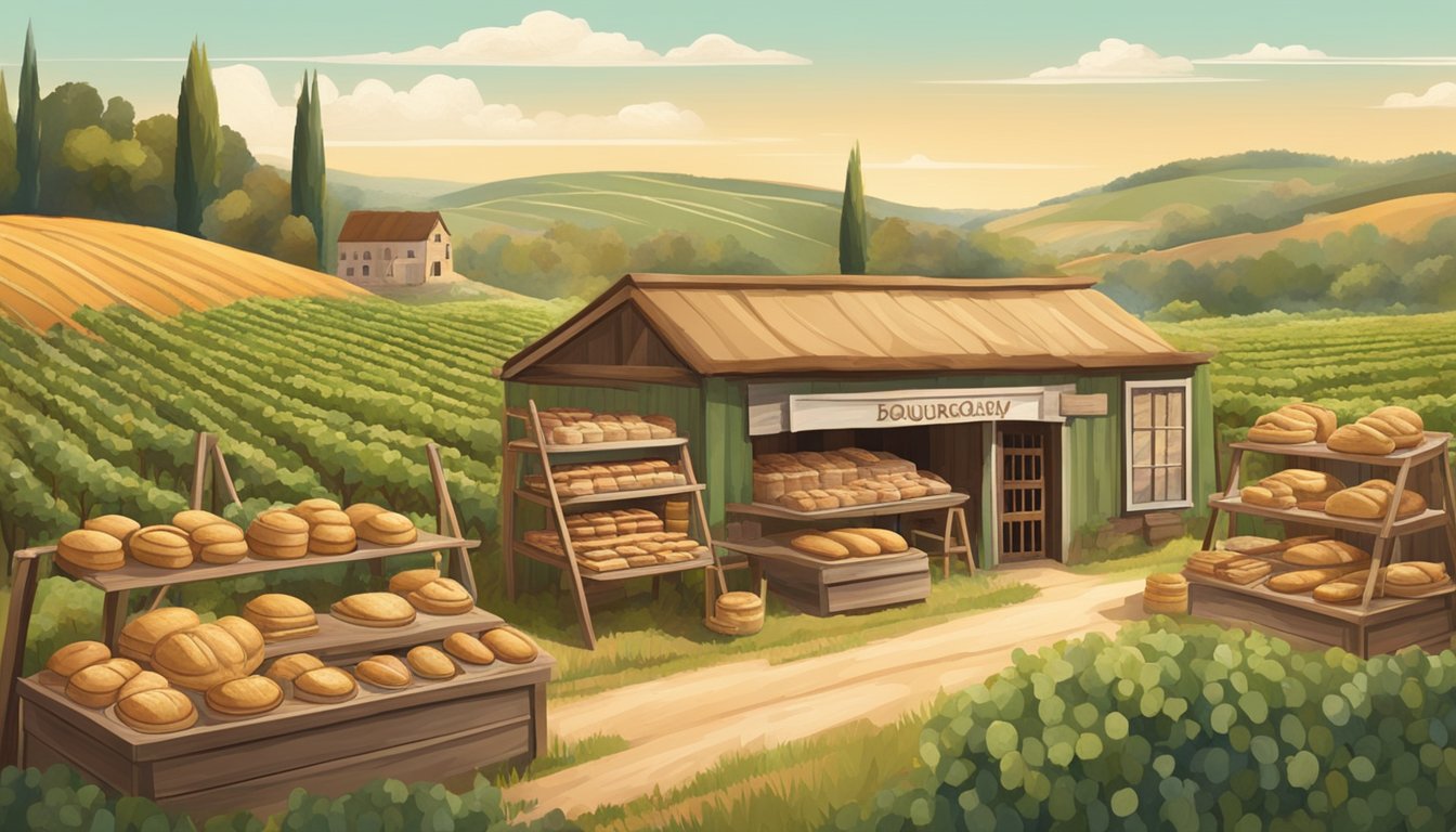 A rustic bakery with shelves of sourdough loaves, surrounded by fields, vineyards, and orchards, showcasing the diverse local terroir