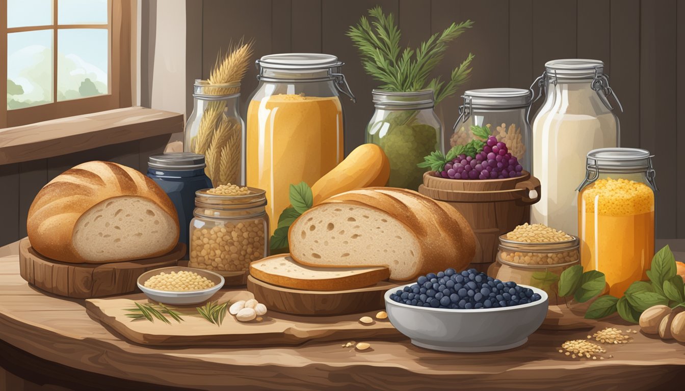 A rustic wooden table with a loaf of sourdough bread, surrounded by jars of bubbling fermenting dough and various local ingredients like fruits, herbs, and grains