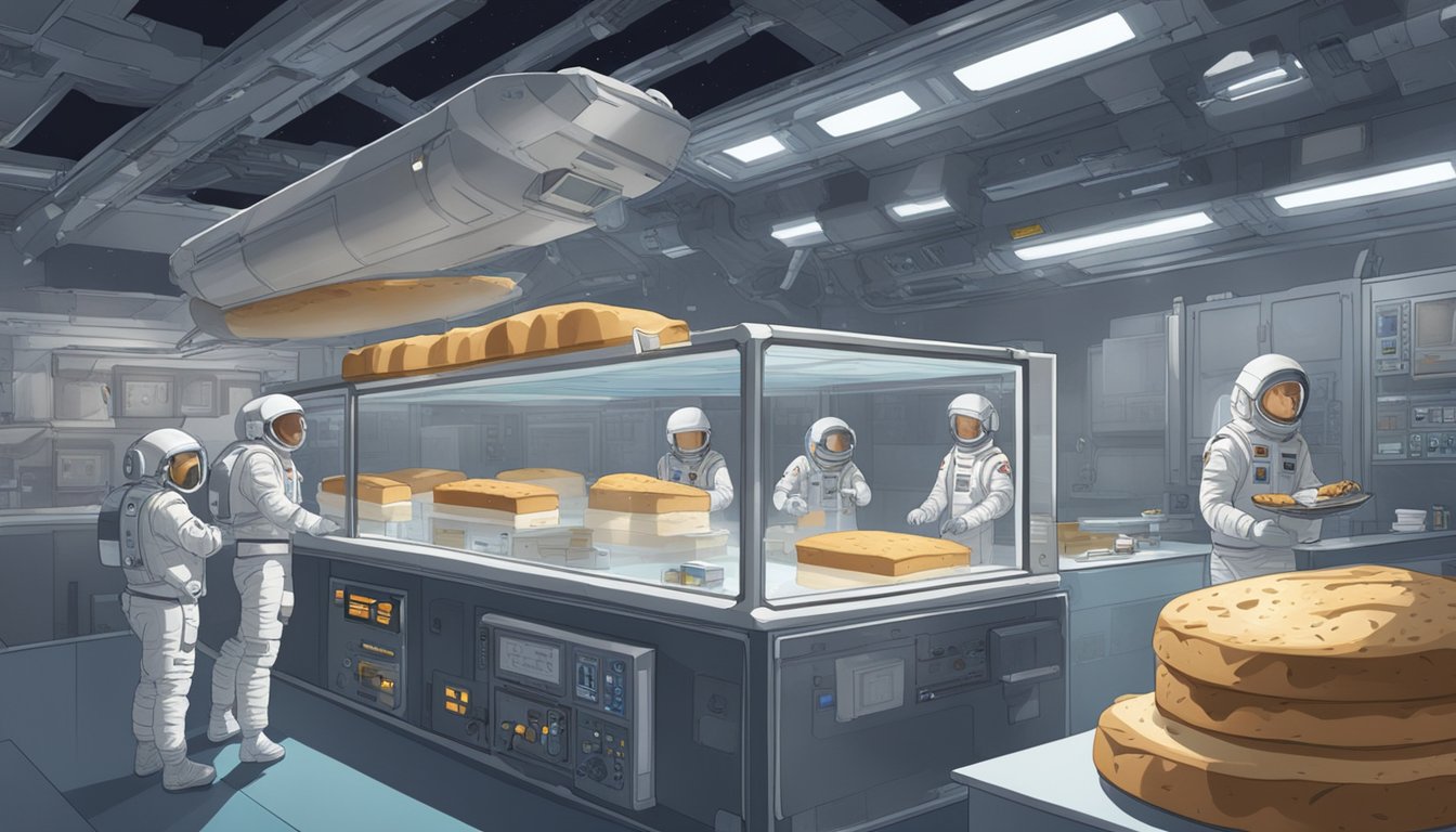 A space station lab with astronauts observing sourdough bread rising in a sealed container, surrounded by scientific equipment and floating crumbs