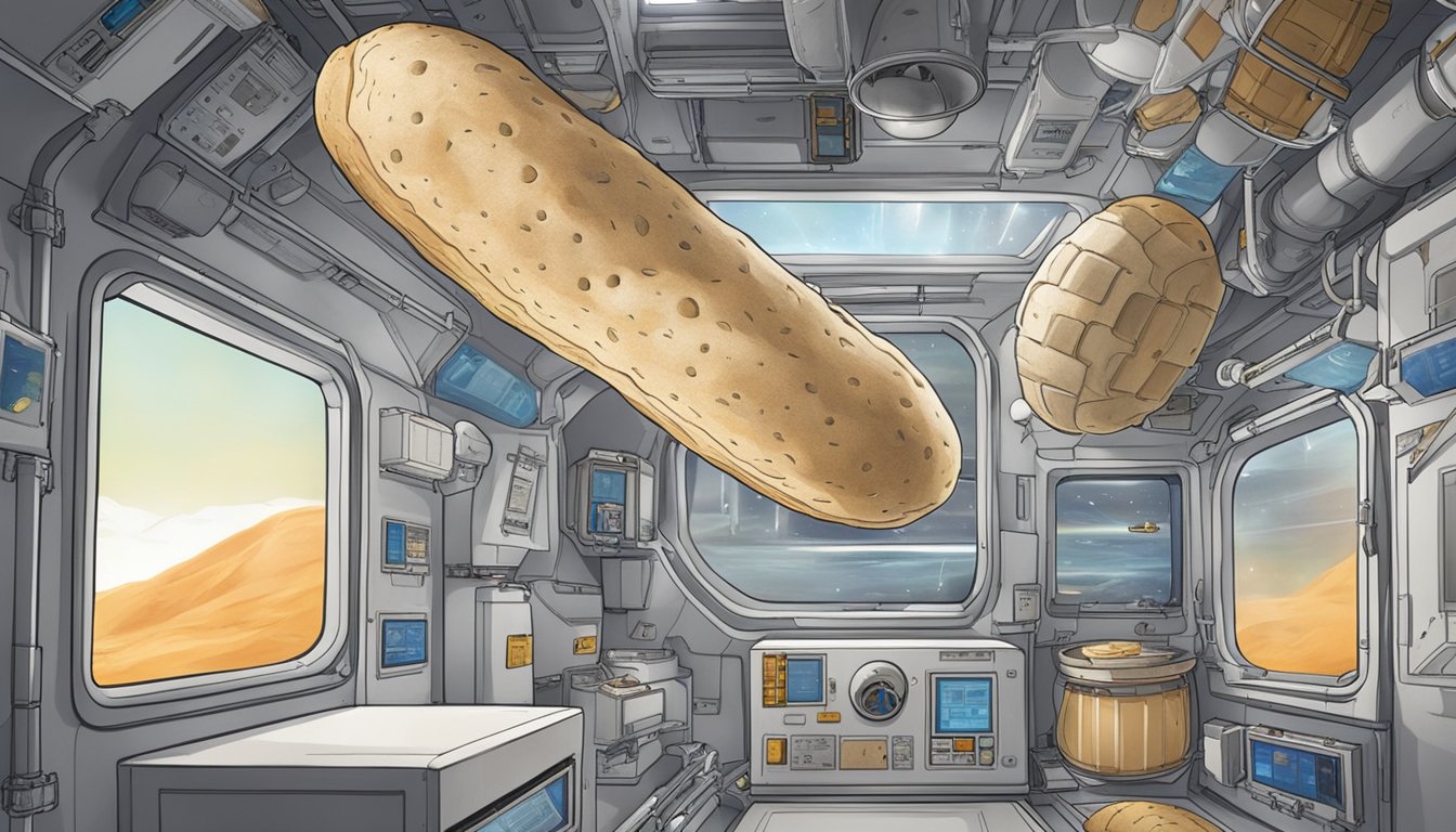 A loaf of sourdough bread floating in a space station, surrounded by equipment and containers used for NASA's fermentation experiments in zero gravity