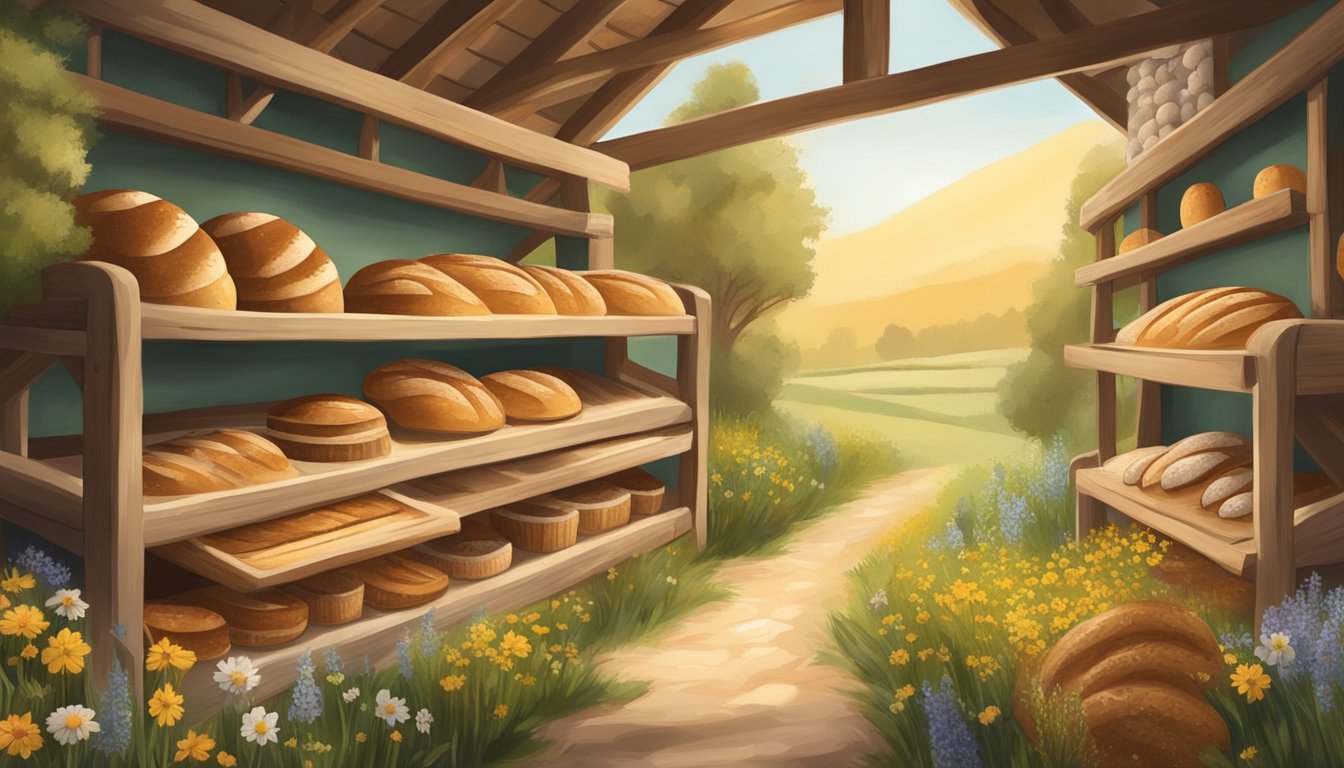 A rustic bakery with shelves of sourdough loaves, surrounded by fields and forests, with wildflowers and bees buzzing around