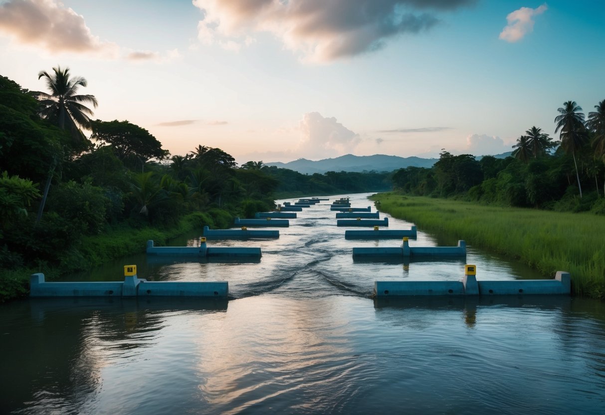 A serene river flowing through a lush Malaysian landscape, with strategically placed barriers and infrastructure to mitigate water damage