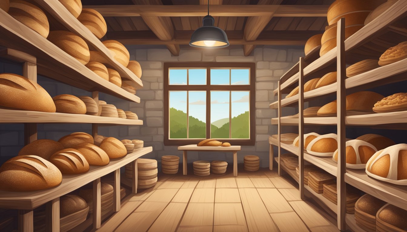 A rustic bakery with shelves of sourdough loaves, surrounded by fields and forests, with a focus on local ingredients and natural surroundings