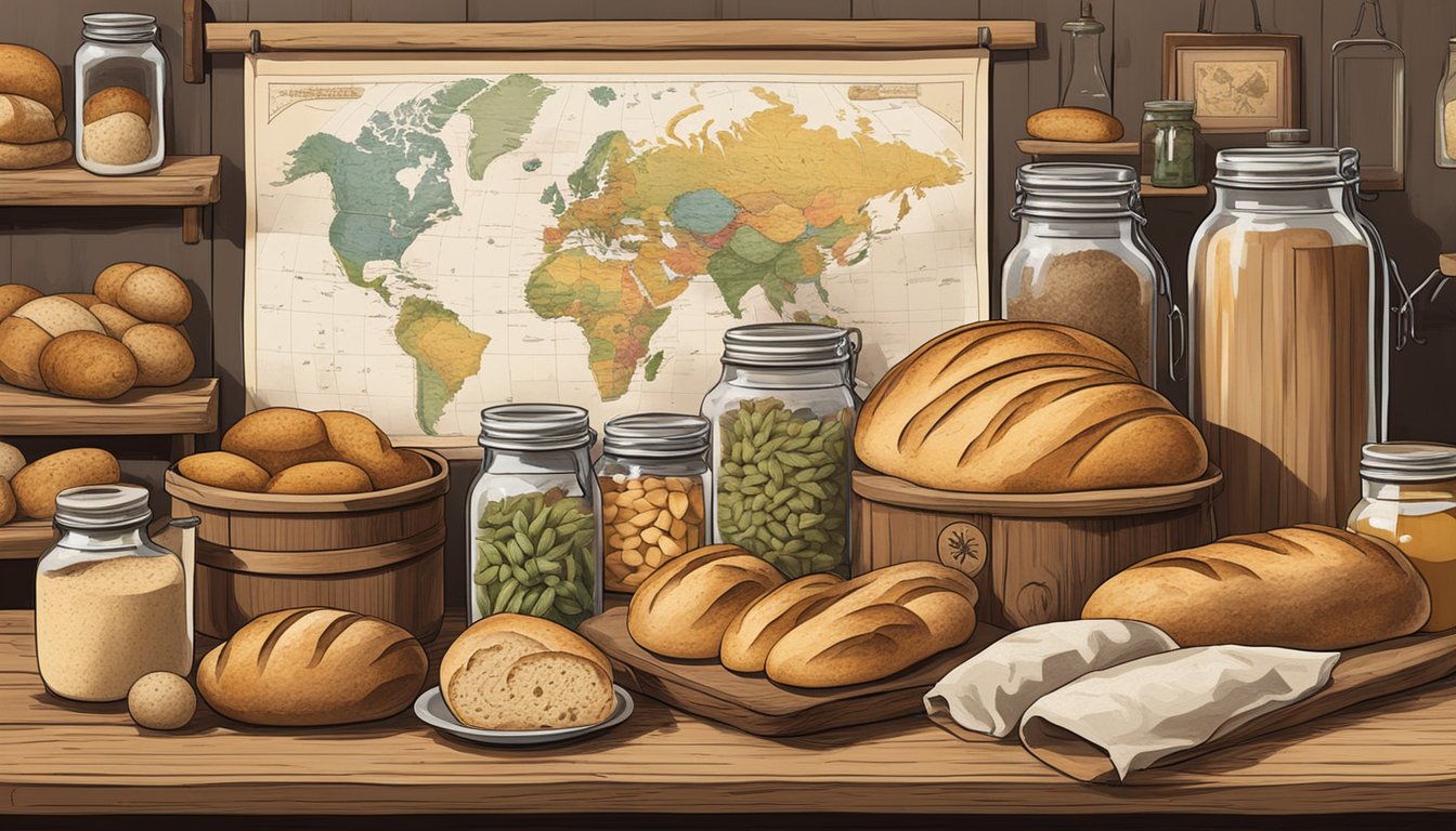 A rustic wooden table displaying various sourdough bread loaves, surrounded by jars of different local ingredients and a map of the region