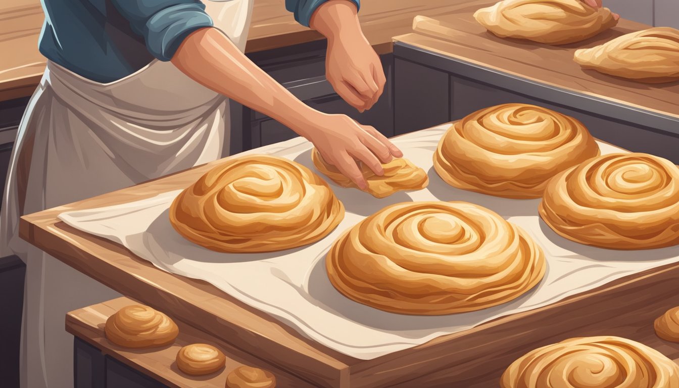 A baker carefully folds layers of laminated sourdough pastry dough, creating flaky, golden-brown pastries. The aroma of freshly baked goods fills the cozy kitchen