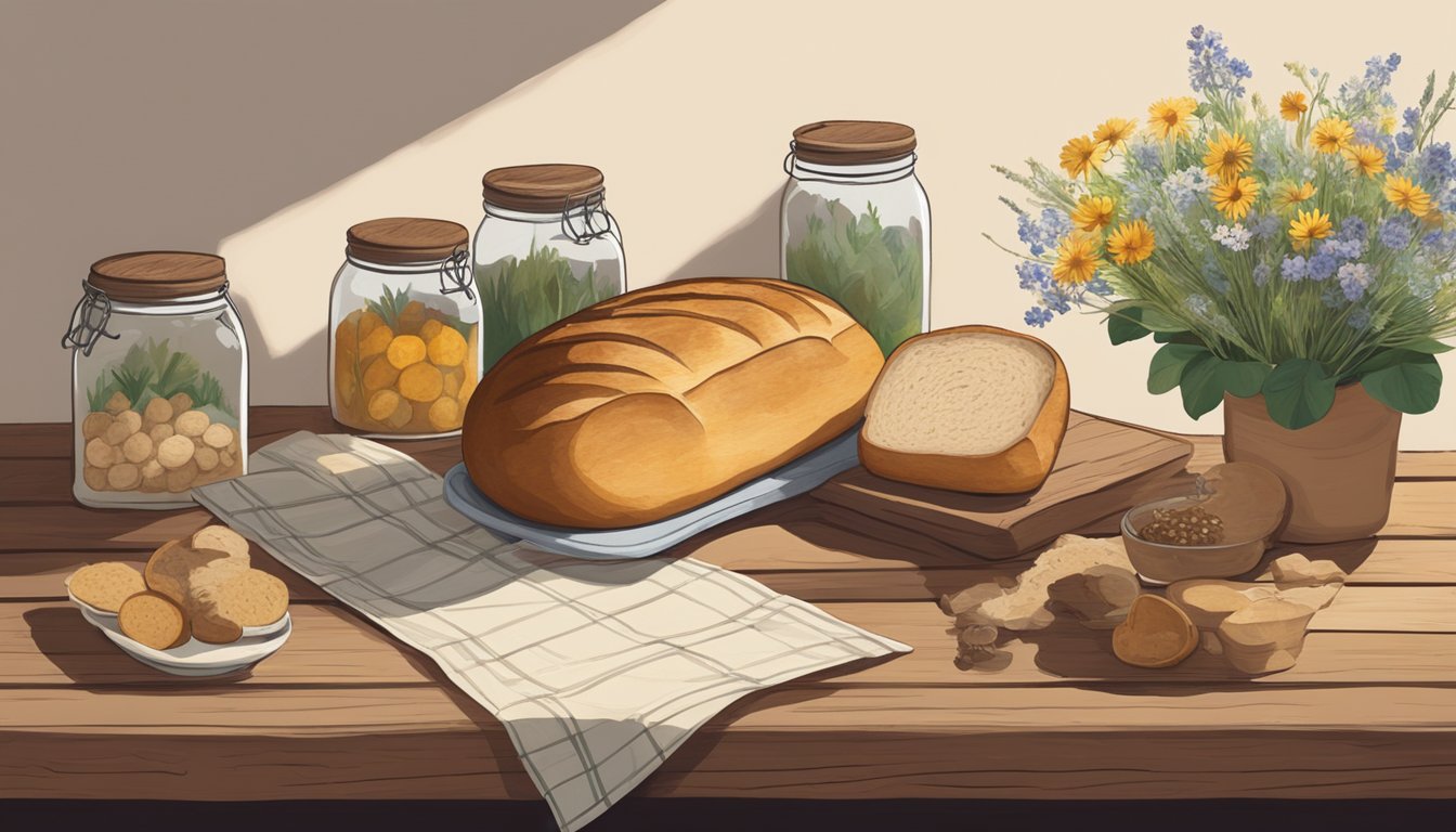 A rustic wooden table with a loaf of sourdough bread, surrounded by jars of local ingredients and wildflowers. A map of the local area hangs on the wall