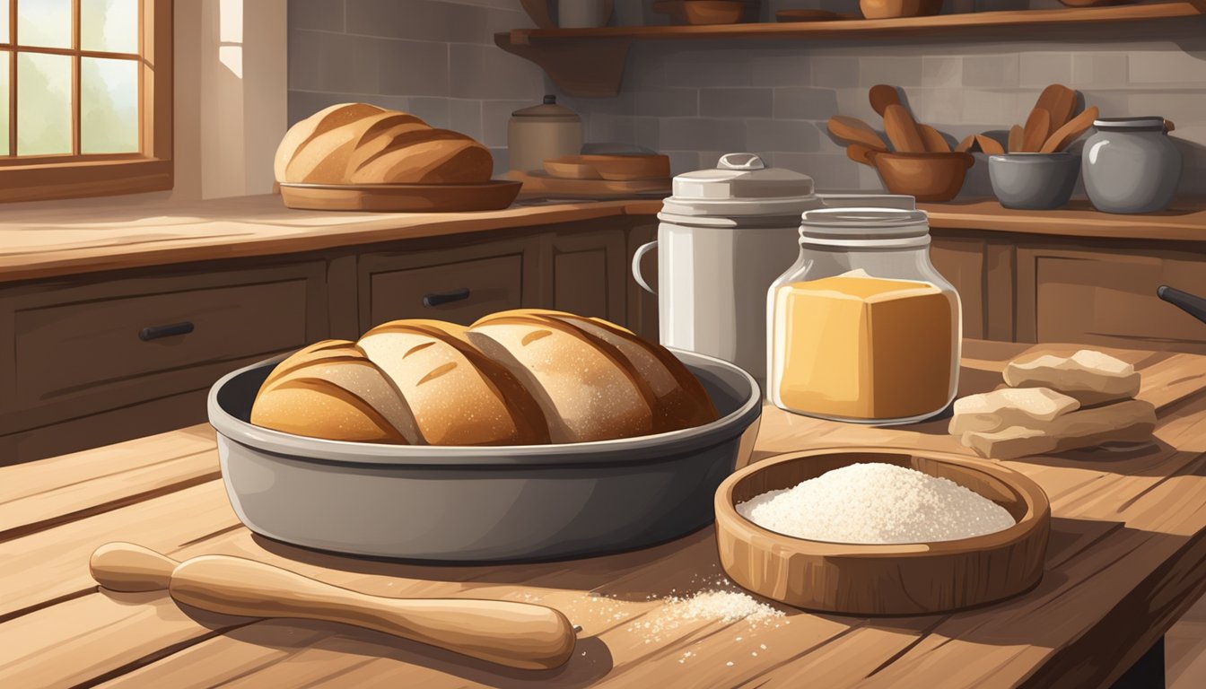 A warm, rustic kitchen with a loaf of sourdough bread cooling on a wooden table, surrounded by flour, a rolling pin, and a jar of starter