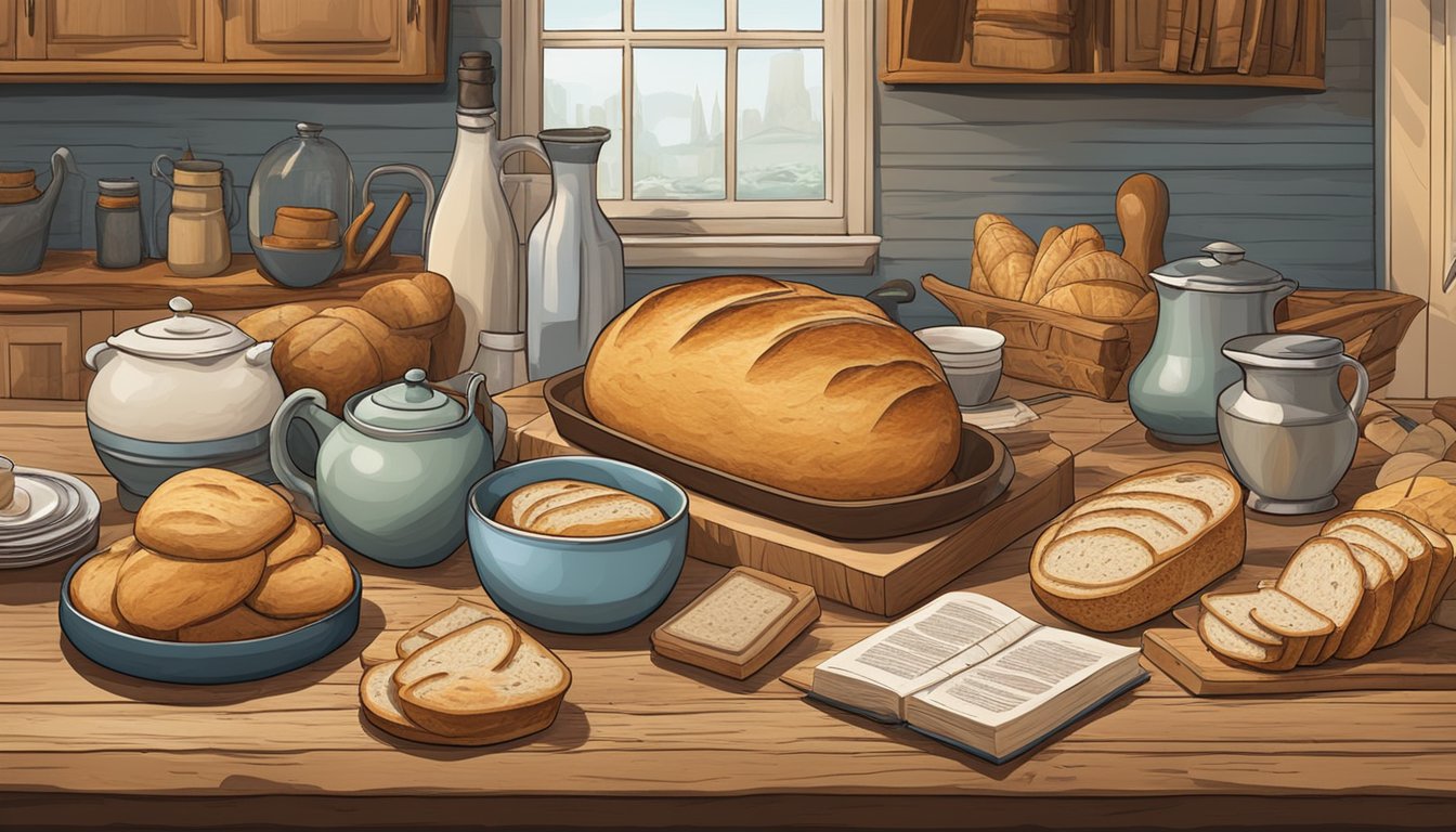 A rustic kitchen table adorned with a loaf of sourdough bread, surrounded by cultural artifacts and symbols from various literary and film references