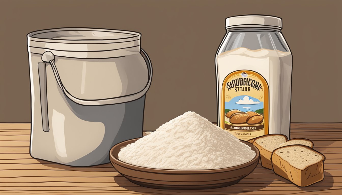 A bag of flour spills onto a wooden table, next to a bowl of sourdough starter. A loaf of bread rises in the background, showcasing its structure