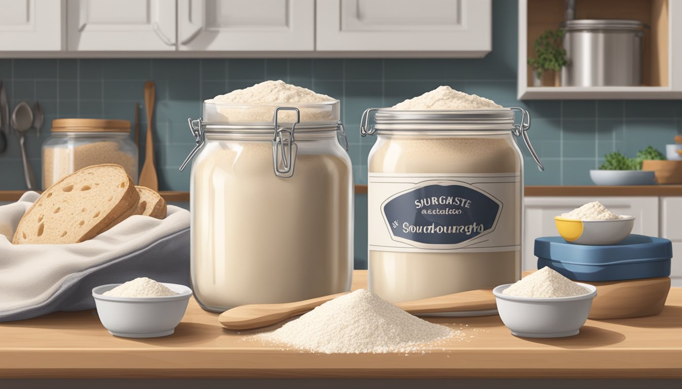 A glass jar filled with bubbling sourdough starter sits on a kitchen counter, surrounded by bags of flour and a thermometer