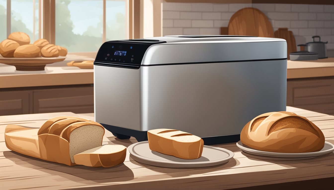 A modern kitchen with a sleek, high-tech bread maker sits next to a rustic wooden table adorned with a freshly baked loaf of sourdough bread