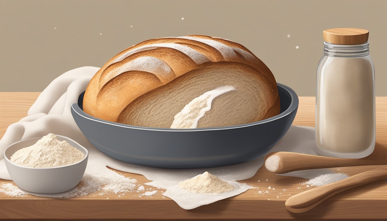 A loaf of sourdough bread sits on a wooden cutting board, surrounded by scattered flour and a mixing bowl. The bread's crust is cracked, revealing a soft, airy interior with irregular air pockets