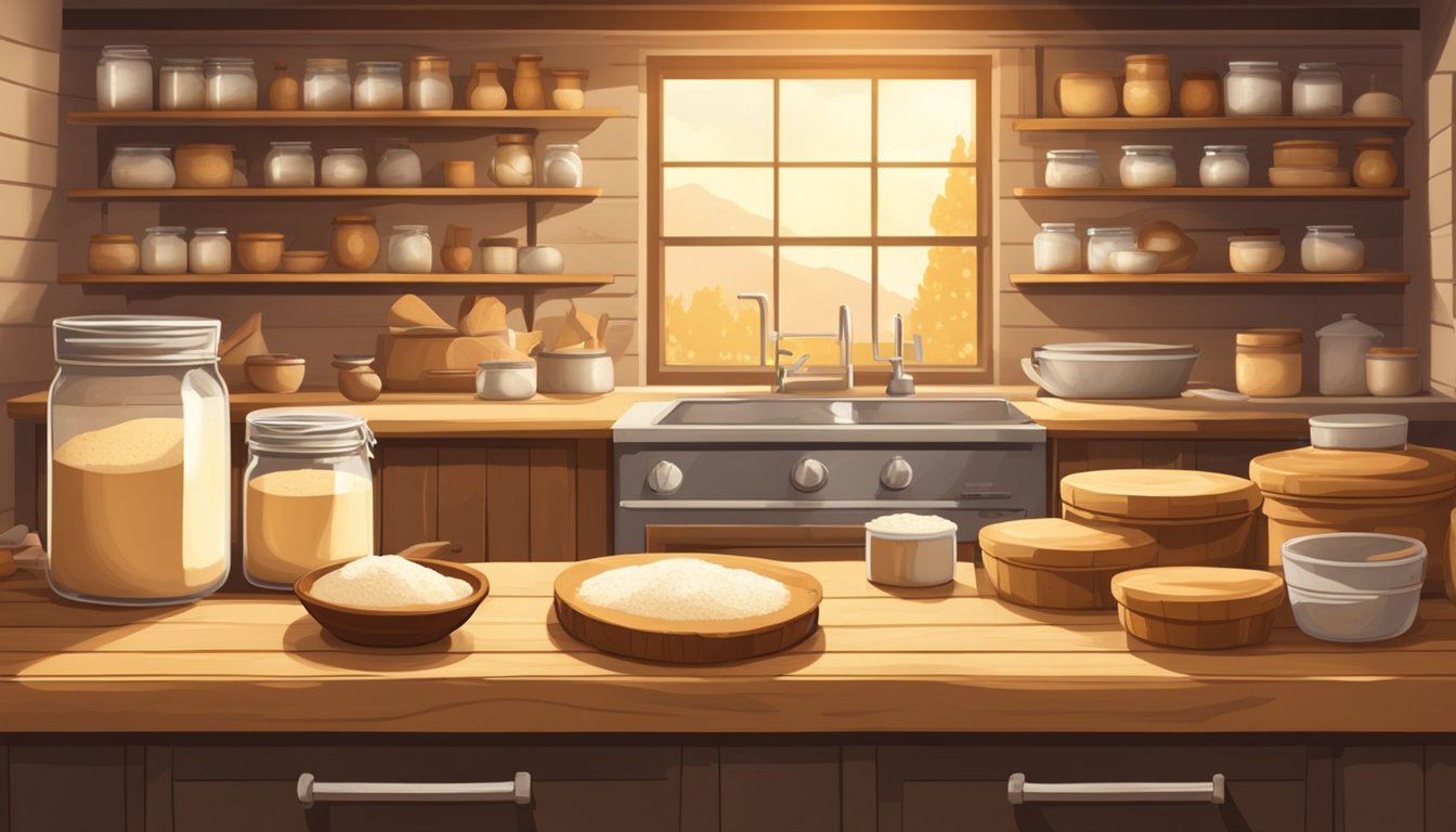 A rustic kitchen with wooden countertops and shelves filled with flour, jars of sourdough starter, and baking tools. A warm oven emits a golden glow