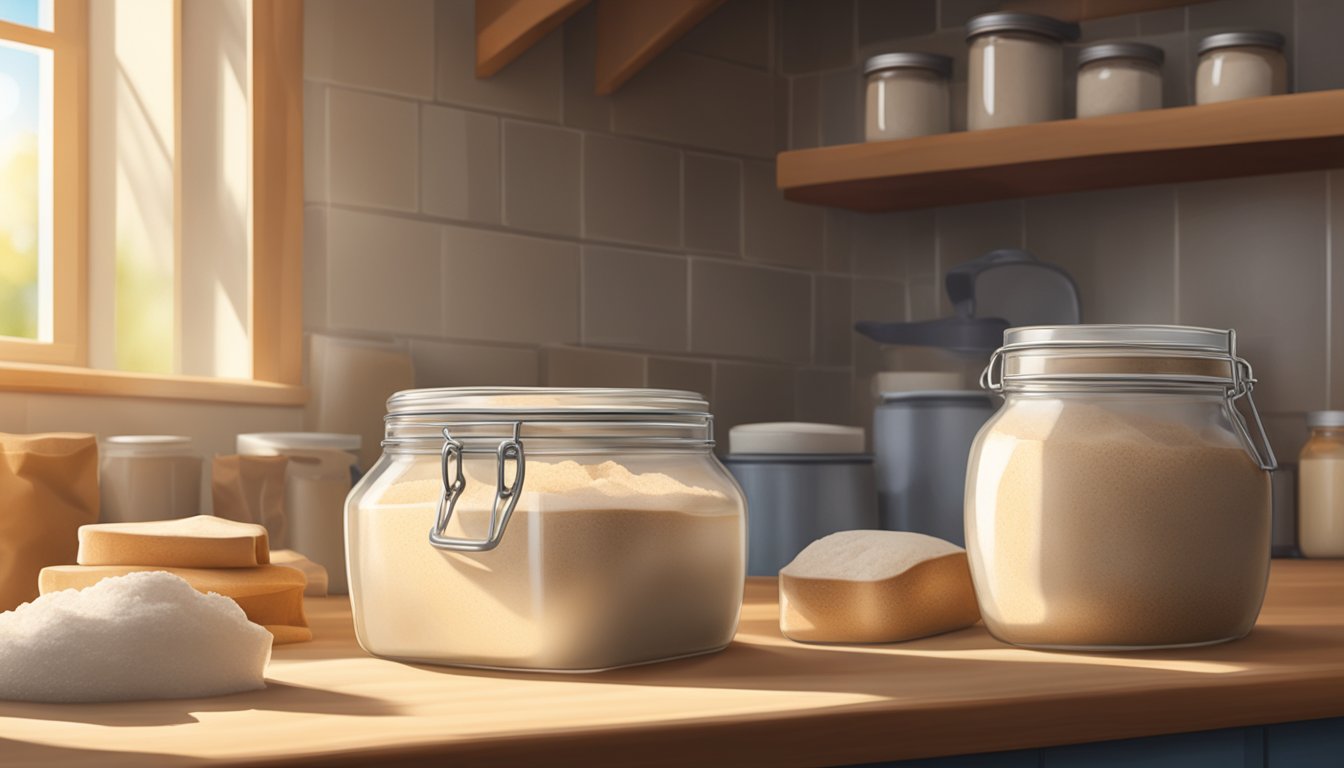 A glass jar of sourdough starter sits on a kitchen counter, surrounded by bags of flour and a thermometer. The room is warm, with sunlight streaming in through the window