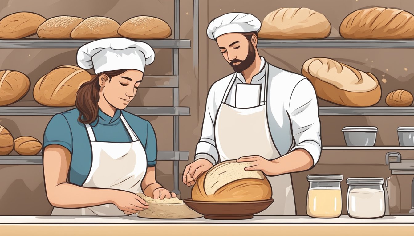 A baker carefully measures and mixes different types of flour to create sourdough bread, observing the impact of protein content on the bread's structure