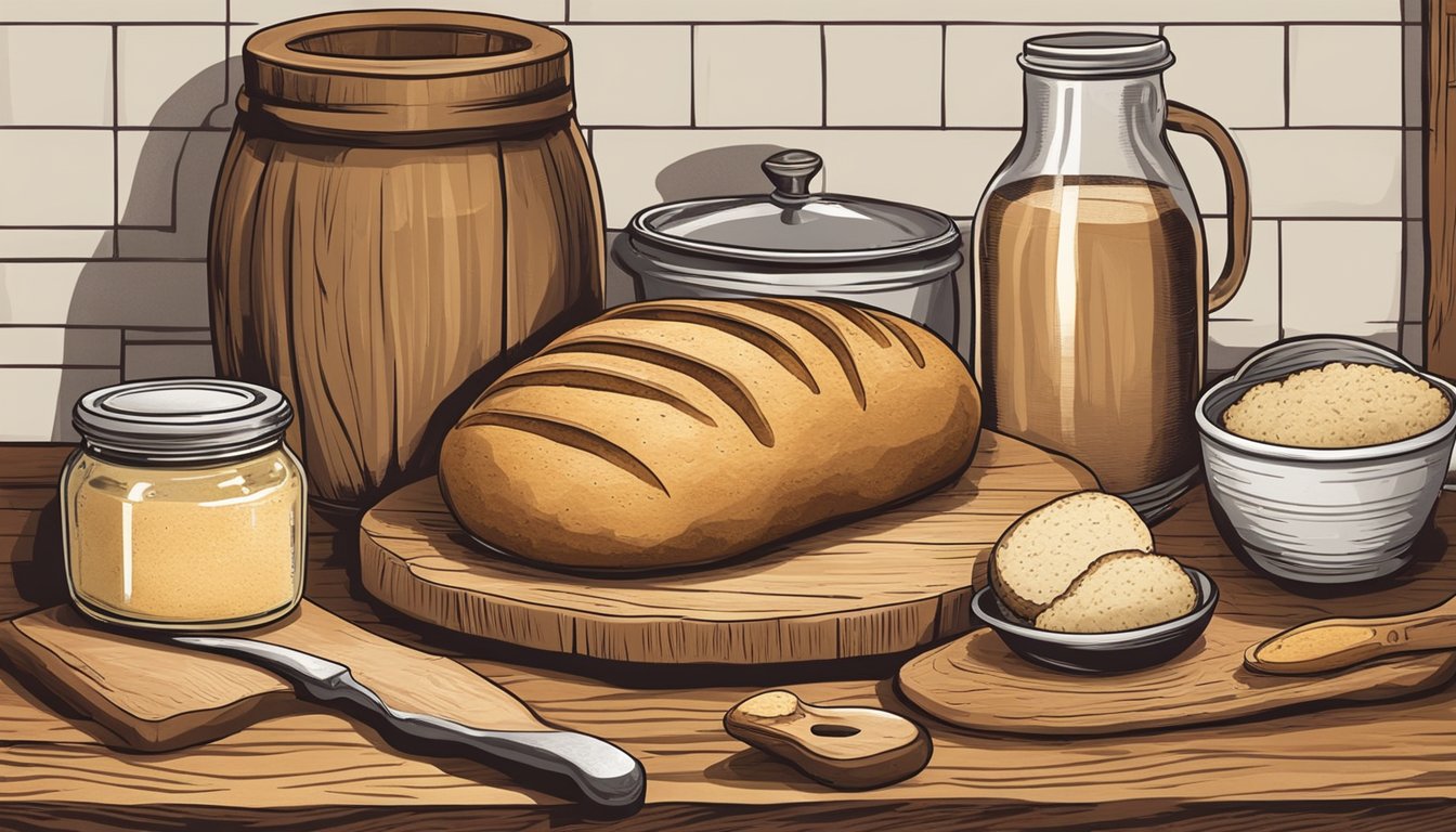 A rustic kitchen with a warm, golden loaf of sourdough bread cooling on a wooden cutting board, surrounded by vintage cookware and a jar of wild yeast starter