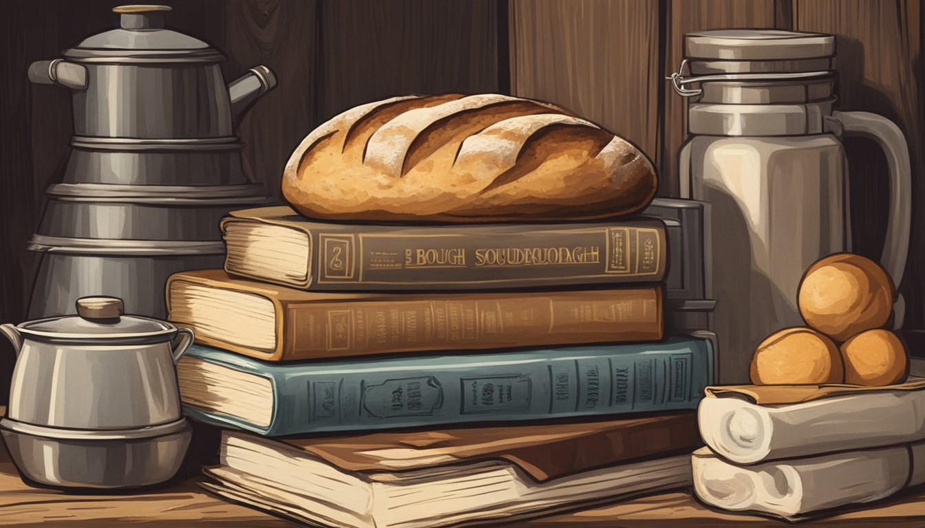 A stack of sourdough loaves sits on a rustic wooden table, surrounded by vintage cookbooks and film reels, evoking a nostalgic and timeless feel