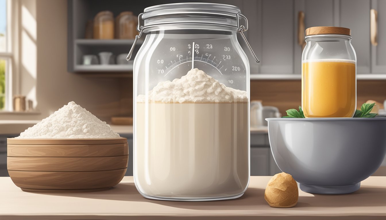 A bubbling sourdough starter sits in a glass jar on a kitchen counter, surrounded by bowls of flour and water. A thermometer hangs nearby, measuring the room temperature