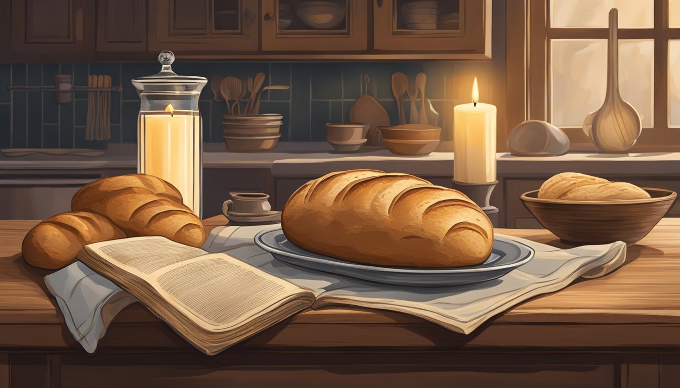 A rustic kitchen table adorned with a freshly baked loaf of sourdough bread, a vintage cookbook, and a flickering candle