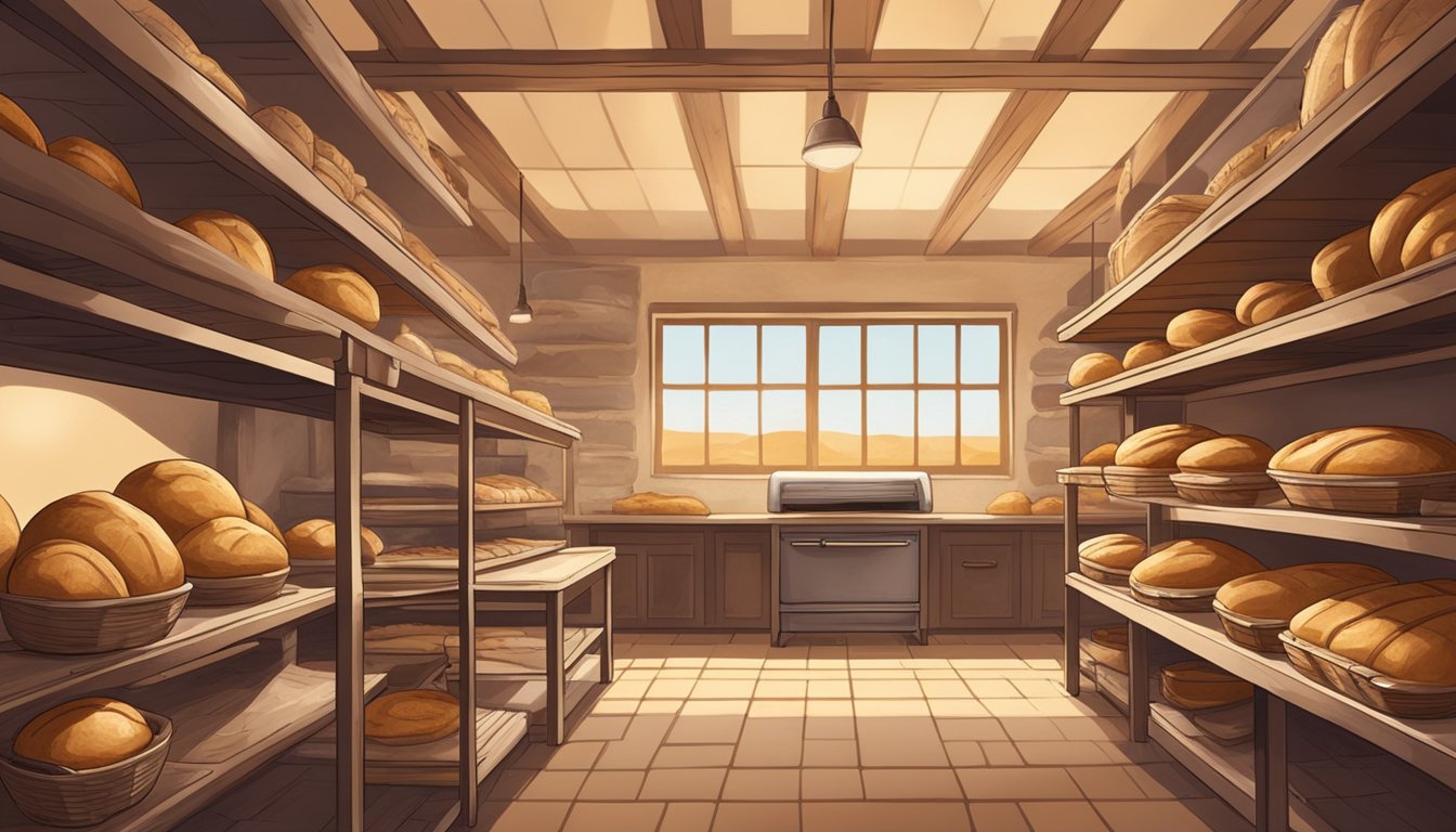 A rustic bakery with shelves of sourdough loaves, traditional tools, and modern equipment side by side. The warm glow of the oven highlights the clash of tradition and innovation