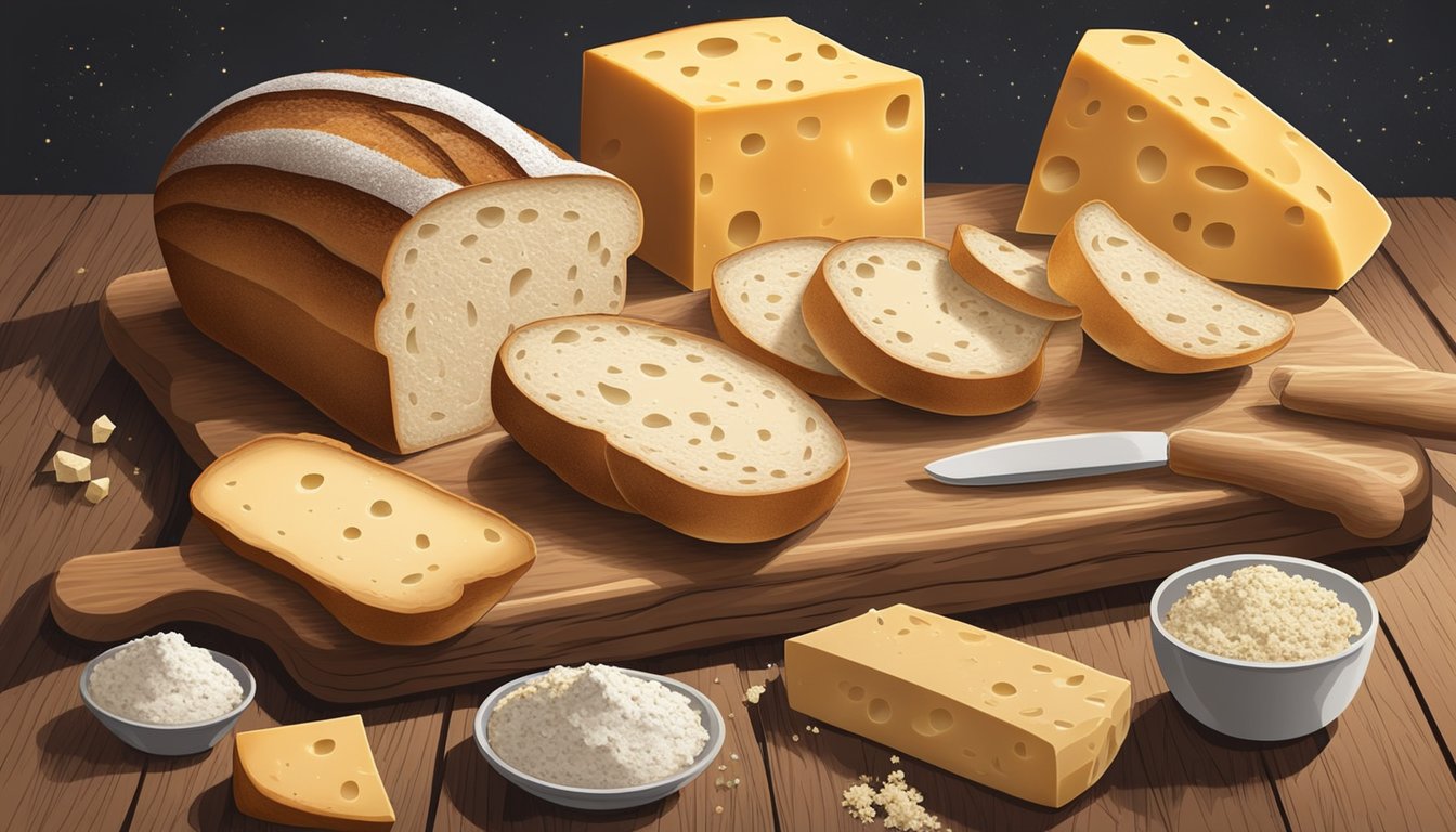 A rustic loaf of sourdough bread sits next to a variety of artisanal cheeses on a wooden cutting board, with a scattering of flour and crumbs adding to the rustic charm